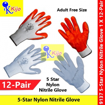 【12-Pair】 5-Star Nylon Nitrile Glove #尼龙丁腈手套 #Nylon #Nitrile #5-Star #防滑手套 #9137 #SarungTangan #anti-slip